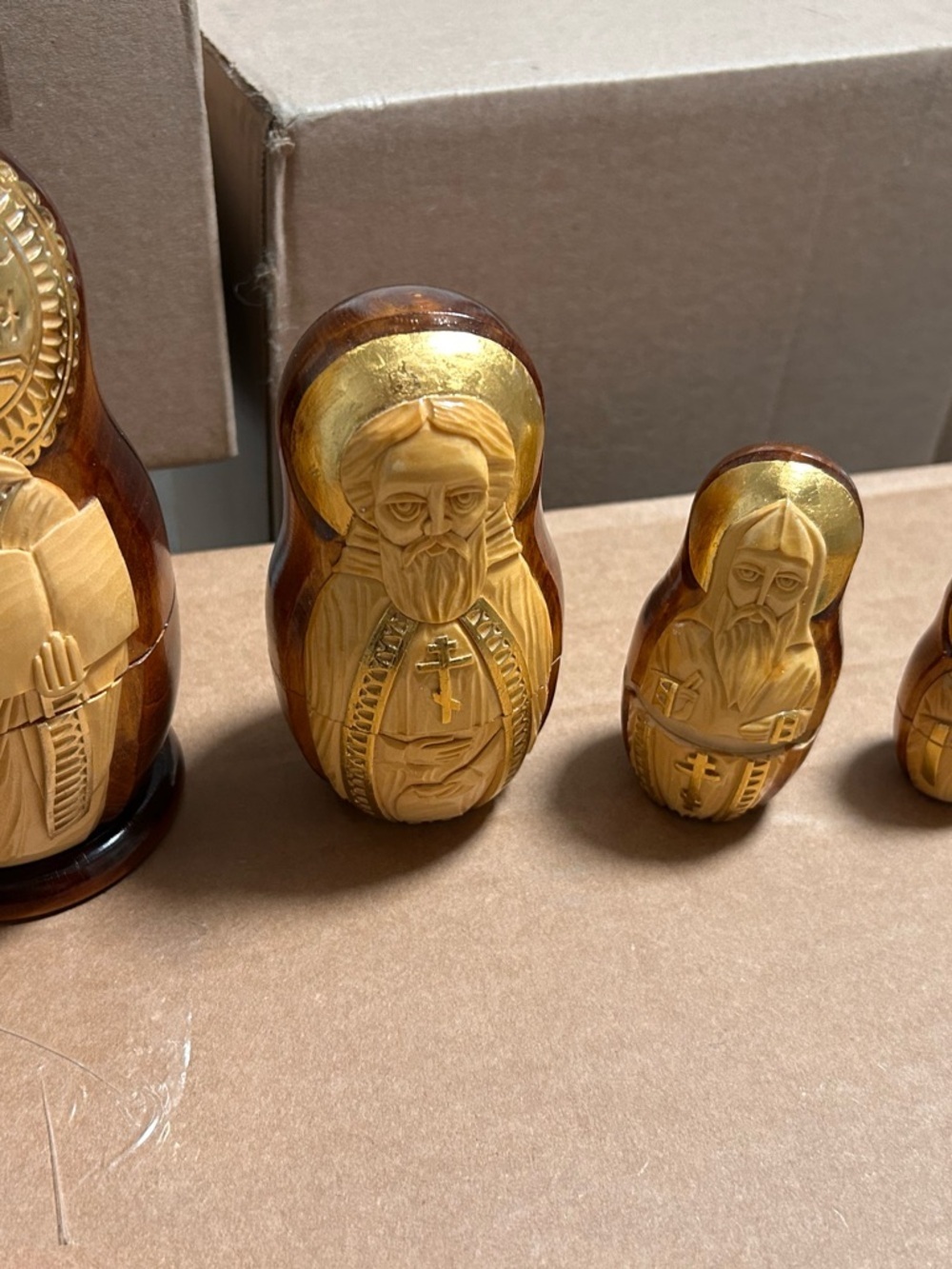 Hand-Carved Wooden Religious Matryoshka Doll in Gold and Natural Wood Tones - Picture 4 of 4